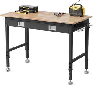lot 291650 image: Retails for $210 Garvee 48x24 Inch Workstation with Drawer, 6-Level Adjustable Height, 2000 lb Load Capacity, Rubberwood Top, ETL Power Outlets, 4 Leveling Feet, Pegboard & Hooks for Garage