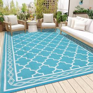 lot 291655 image: Garvee Outdoor Rug 8 x 10 Patio Waterproof, Foldable Reversible Plastic Straw Area Rugs Mat for Camper Decor, Outside Carpet for Rv, Deck, Porch, Picnic, Beach, Balcony (Light BlueWhite)