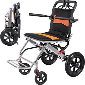 lot 391678 image: Retails for $129 Ultra Lightweight Foldable Wheelchair, Only 19.8 lbs, Airline Approved, 300 lbs Capacity, One-Second Fold, All-Terrain Wheels, Compact Transport Chair for Adults Seniors (Black-Orange)