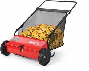 lot 391680 image: Retails for $110 Push Lawn Sweeper 26Inch-Heavy Duty Walk Behind Leaf Collector and Yard Sweeper for Outdoor,Patio,Driveway,Garden Grass Sweepers,4 High Speed Spinning Brush,7 Cu. ft. Hopper Capacity