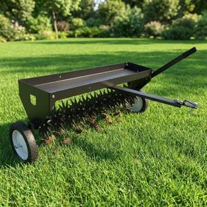 lot 391687 image: Retails for $149 Garvee 40 Tow-Behind Lawn Aerator   Heavy-Duty Core Aeration Tool with Universal Hitch, Adjustable Handle, Transport Wheels, Compatible with Tractors for Garden, Farm & Lawn Care