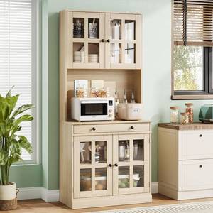 lot 391688 image: Retails for $171 Garvee 72 Inch Kitchen Pantry Cabinet with Glass Doors, Drawer and Adjustable Shelves, Farmhouse Tall Storage Cabinet with Open Countertop, Coffee Bar Cabinet for Coffee Corner, Wood Color