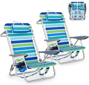 lot 391689 image: GarveeLife Backpack Beach Chair for Adults 2 Pack, Lightweight Portable Lay Flat Folding Beach Chair with 5 Positions, Backpack Straps, Phone Pocket, Cup Holder & Towel Bar, Support to 300 LBS