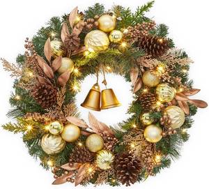 lot 491885 image: GarveeHome 24 in Pre-Lit Christmas Wreath for Front Door, Artificial Christmas Wreath with Lights, Battery Operated Xmas Wreath Decor with Pine Cones, Berries, Ball Ornaments and Bells, Gold
