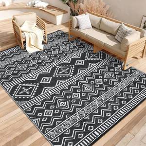 lot 491887 image: Garvee Outdoor Rug Waterproof 8x10 Reversible Boho Outside Rug, Lightweight & Foldable Patio Carpet, Plastic Straw Indoor Outdoor Mats for Picnic Deck Balcony, Black White