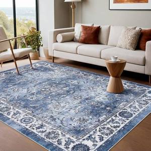 lot 491894 image: Garvee 8x10 ft Distressed Vintage Floral Print Area Rug,Non-Slip Indoor Washable Rug, Stain Resistant Retro Accent Low Pile Carpet for Living RoomBedroomKitchenDining RoomKids RoomNursery(Blue)