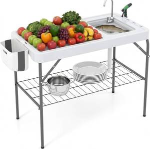 lot 491895 image: Garvee Folding Fish Cleaning Table with Sink, Portable Outdoor Fillet Station Camping Sink Table with Faucet, Drainage Hose & Sprayer, Grid Rack for Picnic Fishing Camping