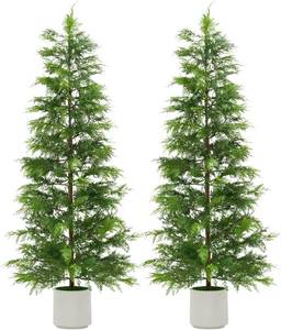 lot 491896 image: Retails for $161 Garvee 2Pcs 6Ft Artificial Cedar Topiary Trees with White Pot, Faux Plants, UV Resistant Fake Evergreen, Artificial Christmas Tree for Outdoor Indoor Door Garden Farmhouse Home Decoration