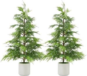 lot 491902 image: Garvee 2Pcs 3Ft Artificial Cedar Topiary Trees with White Pot, Faux Plants, UV Resistant Fake Evergreen, Artificial Christmas Tree for Outdoor Indoor Door Garden Farmhouse Home Decoration