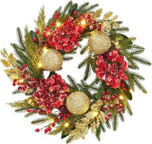 lot 491918 image: 24 Inch Artificial Christmas Wreath, Pre-Lit Christmas Wreath with Red Flowers & Berries, Xmas Wreath with Gold Ball Ornaments for Front Door, Window and Mantel Decor, Red