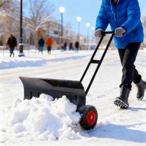 lot 491920 image: GarveeHome Snow Shovel Pusher for Driveway, Large 29 W Snow Shovel Pusher with Wheels, Ergonomic Snow Pusher Shovel with Snow Removal Adjustable Angle & Height Handle for Sidewalk, Double Rod