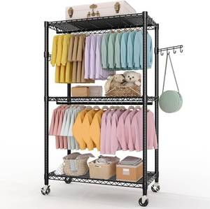 lot 491921 image: Garvee 3 Tier Clothes Rack with Wheels, Adjustable Shelves & 2 Hanging Rod, Heavy Duty Clothing Rack Closet Organizer Freestanding Wardrobe for Hanging Clothes, 79.7 H x 45.2 W x 15.8 D, Black
