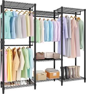 lot 491922 image: Garvee Clothes Rack, Heavy Duty Garment Rack for Hanging Clothes, Freestanding Closet Portable Wardrobe with Adjustable Shelves & 4 Hanging Rods, Closet Organizer for Bedroom, 76.5H x 67.6L x 15.5W