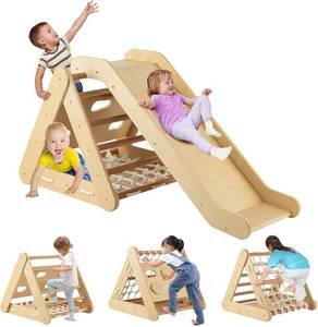 lot 491926 image: Costzon 4 in 1 Climbing Toy for Toddlers, 3-Sided Montessori Wooden Triangle Climber with Sliding Ramp, Climbing Net & Board, Kids Boys Girls Indoor Home Daycare Gym Playset Birthday