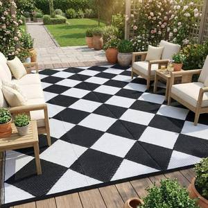lot 491927 image: Garvee 9x12 Outdoor Rug for Patio Plastic Straw Rug Waterproof Reversible Mat Lightweight Foldable Carpet Easy Clean Large Rugs for Patio Porch Backyard Camping RV Beach Balcony Deck Checkered White