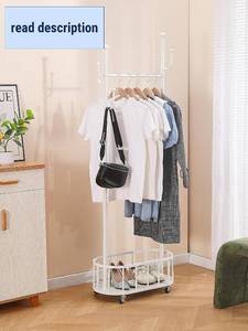 lot 391676 image: BOOSDEN Metal Clothing Rack with Wheels, Rolling Clothes Racks for Hanging Clothes, Standing Garment Rack with Storage Shelf and 4 Hooks, Clothes Hanger Racks for Bedroom, Closet, Living-room, White