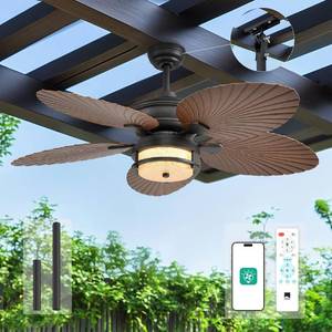 lot 201411 image: Retails for $240 Orison 52 Outdoor Ceiling Fan with Lights, Tropical Palm Leaf Fan, Wet Rated for Patio, Porch & Gazebo, Dimmable LED, 6-Speed, Remote & App Control, Plug-inFlush Mount, Bronze