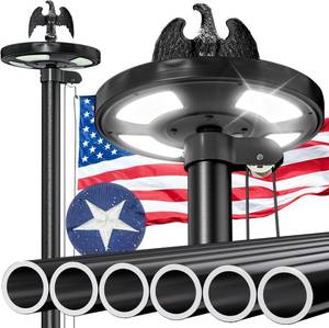 lot 242040 image: Retails for $140 20 FT Heavy Duty Flag Pole with 144 LED Solar Light,12 Gauge Extra Thick Aluminum Flagpole for Outside House Powered and Flag Outdoor,Inground Flag Pole Kit for Residential Commercia(20FT with Light)