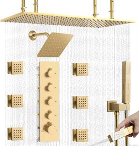 lot 342037 image: Retails for $900 Dual Shower Heads System 16x32 Ceiling Mount Rainfall and 6 Wall Mounted Shower Heads with 6 body Jets Thermostatic Shower Valve Full Body Shower System Can All Run Together Brushed Gold