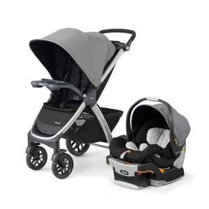 lot 421336 image: Retails for $450 Chicco Bravo 3-in-1 Trio Travel System, Bravo Quick-Fold Stroller with KeyFit 30 Infant Car Seat and Base, CamdenBlack
