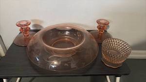 lot 60909 image: Pink Depression Glass Console Set with Candlesticks and Bowl - Retail $25