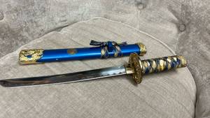 lot 7 image: Japanese Samurai Sword with Blue Scabbard and Gold Accents