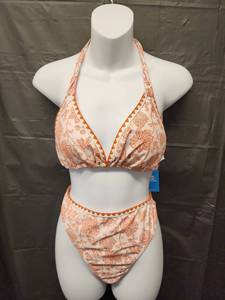 lot 71357 image: CupShe, Orange Floral Print Two-Piece Bikini Set with Halter Top (Size L) - Retail $25