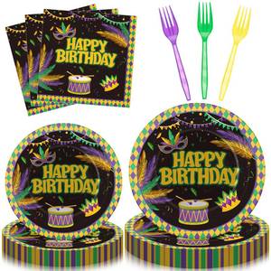 lot 3 image: 96 Pcs Mardi Gras Happy Birthday Party Supplies Disposable Masquerade Mask Birthday Tableware Set Feather Paper Plates Napkins and Forks for Mardi Gras New Orleans Party Dinnerware Serves 24 - Retail $19