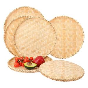 lot 5 image: Geytetqi 6 Pack 13 Inch Handmade Bamboo Woven Basket Tray, Round Flat Wicker Baskets, Shallow Food Serving Bamboo Trays for Breakfast, Fruit, and Snacks