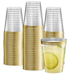 lot 15 image: PLASTICPRO Disposable 8 oz Crystal Clear Plastic Tumblers With Gold Rim for Partys & Weddings pack of 50 - Retail $12