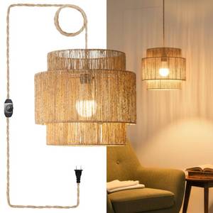 lot 37 image: Chi An Home 11.8 Boho Jute Plug in Pendant Light, Handwoven Natural Hanging Lamp Plug in with Dimmable Light Switch, Wicker Hanging Light Fixture for Bedroom Living Room Kitchen (No Bulb Included) - Retail $38