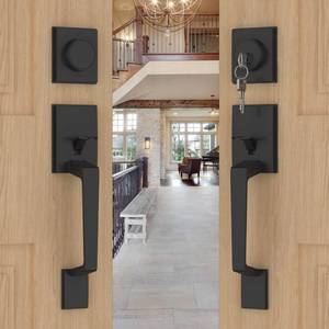 lot 60 image: Goldenwarm Double Front Door Lock Set, Black Double Door Handle Set, Matte Black Double Door Handle with Dummy, Modern Double Front Door Hardware Set with Reversible Handle Lever - Retail $106