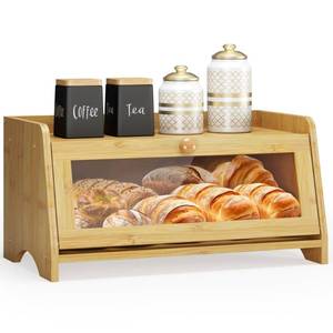 lot 66 image: JANSNIMEN Bread Box for Kitchen Countertop, Large Bread Container Storage, Wooden Farmhouse Bread Box with Window Bread Holder (Natural Bamboo) - Retail $26