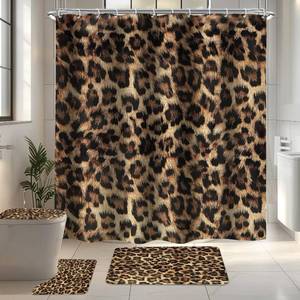 lot 68 image: LIGHTINHOME 4 PCS Leopard Print Shower Curtain Set 72Wx72H,Toilet Lid Cover,Non-Slip Rugs and U-Shaped Mat,Wild Safari Cheetah Bathroom Sets with Rugs Shower Accessories 12 Hooks for Bathroom Decor - Retail $19