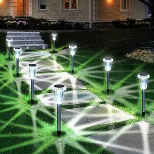 lot 74 image: Eyrosa Solar Outdoor Lights, 10 Pack Waterproof Stainless Steel Solar Stake Lights for Pathway Garden Yard Path Walkway Driveway Lawn Patio Outside Decor, Cool White - Retail $20
