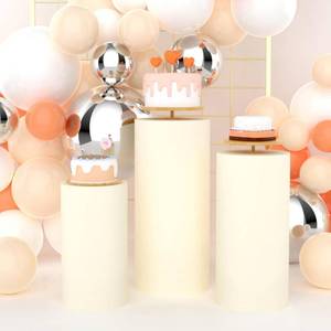 lot 80 image: Babenest Beige Cylinder Pedestal Stand Covers Set of 3, Spandex Vintage Fitted Round Pedestal Covers, Elastic Cloth Pillar Plinth Cover for Birthday Wedding Party Reception Decoration(Without Stands) - Retail $17
