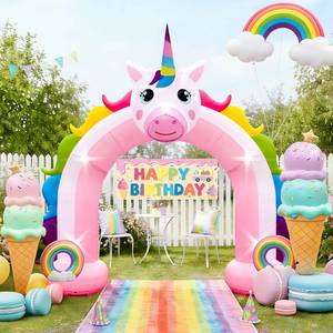 lot 82 image: 10FT Inflatable Unicorn Arch Outdoor Decorations Giant Inflatable Unicorn Rainbow Photo Backdrop with Built-in 5 LED Lights for Summer Beach Unicorn Pool Parties Girls Birthday Decor - Retail $86