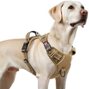 lot 85 image: Timos Dog Harness Large Sized, No Pull Pet Harness with Neck Lockable Snap,No Choke Front Clip Dog Reflective Vest,Adjustable Metal Rings 3 Buckles,Easy Control Handle for Large Dogs Khaki L - Retail $18