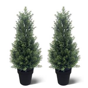 lot 90 image: Two 2FT Tall Artificial Evergreen Trees, Beautiful and Realistic Human-Potted False Cypress, an Evergreen Plant for Home Porch Decoration,suitable for interior, office, living room and room decoration - Retail $39