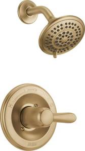 lot 91 image: Delta Lahara 14 Series 5-Setting Shower Faucet Set, Brushed Gold Shower Head and Handle Set, Valve Trim Kit, Champagne Bronze T14238-CZ (Valve Not Included) - Retail $197