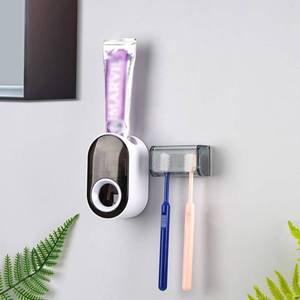 lot 113 image: Small crack Toothbrush Holder Wall Mounted with Cover for Bathroom, 2 Slots Toothbrush Storage Organizer for Shower, Self Adhesive Toothbrush Hanger with Automatic Toothpaste Squeezer Dispenser - Retail $9