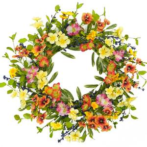 lot 117 image: 20 inch Spring Summer Wreaths for Front Door Floral Wreath with Colorful Wildflowers,Eucalyptus Leaves,Olive Leaves,Small Berries for Indoor Outdoor Farmhouse Home Wall Window Festival Decoration - Retail $26