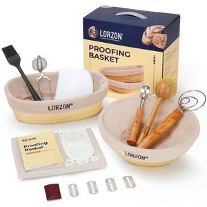 lot 19859 image: Clearance Final Stock - Lorzon Banneton Bread Proofing Basket Gift Set of 2 (10 Round & Oval Rattan) - Sourdough Bread Baking Supplies Making Tools with Bakers Couche & Sourdough Starter Kit - Retail $20