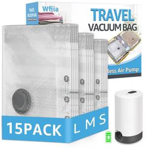 lot 19866 image: 15 Packs Vacuum Bags for Travel with Rechargeable Pump, 3 Sizes Vacuum Seal Bags for Clothing, Compression Vacuum Travel Bags for Luggage, Vacuum Packing Bags for Closet Organization - Retail $22