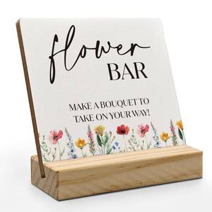 lot 19871 image: ANlANG Flower Bar Sign 4X4 inch, Flower Bar Desk Decor, Bridal Shower Sign Wood Plaque, Wedding flowers, WeddingAccessories for Reception Wooden Plaque Sign for WeddingReception Table Decor - Retail $9