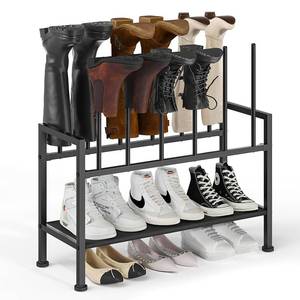 lot 19880 image: DIMJ Free Standing Shoe Racks - 3-Tier Boot Rack, Black Metal Storage Organizer for Tall Boots, Sneakers, Closet Organizer, Multiuse Shoe Rack, Fits 6 Pairs - Retail $30