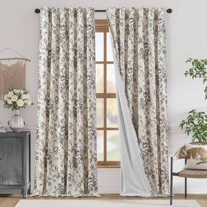 lot 19881 image: jinchan Blackout Floral Curtains for Living Room Bedroom Linen Blend Curtain Farmhouse Black Printed with Lined Back Tab Rod Pocket Drapes Window Treatments 2 Panels 96 Inch - Retail $76