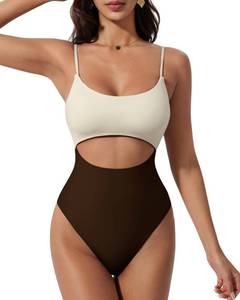lot 19887 image: SUUKSESS Women Sexy Cut Out One Piece Swimsuit Tummy Control High Cut Monokini Bathing Suit Slimming Scoop Neck Swimwear (Beige Brown,M) - Retail $38