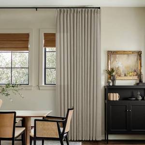 lot 19888 image: Extra Wide Curtains 90 Inches Long 60 Inch Width for Living Room Bedroom Light Filtering Semi Sheer Farmhouse Pleated Curtain Hooks Rings for Patio Sliding Door Large Window Burlywood Taupe 1 Panel - Retail $58