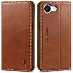lot 19897 image: SHIELDON Case for iPhone 17e, for iPhone 16e Case, Genuine Leather Wallet Magnetic RFID Blocking Card Slot Kickstand Shock-Absorbent Phone Holder Cover Compatible with iPhone 16e 6.1 - Retro Brown - Retail $31